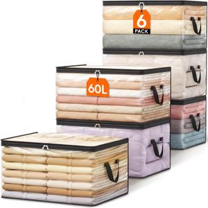 Lifewit 6 Pack Clear Clothes Storage Bags, 60L Plastic Blanket Vinyl Foldable Moving Bags with Zipper, Closet Organizers and Storage Containers for Bedding, Duvet, Pillow