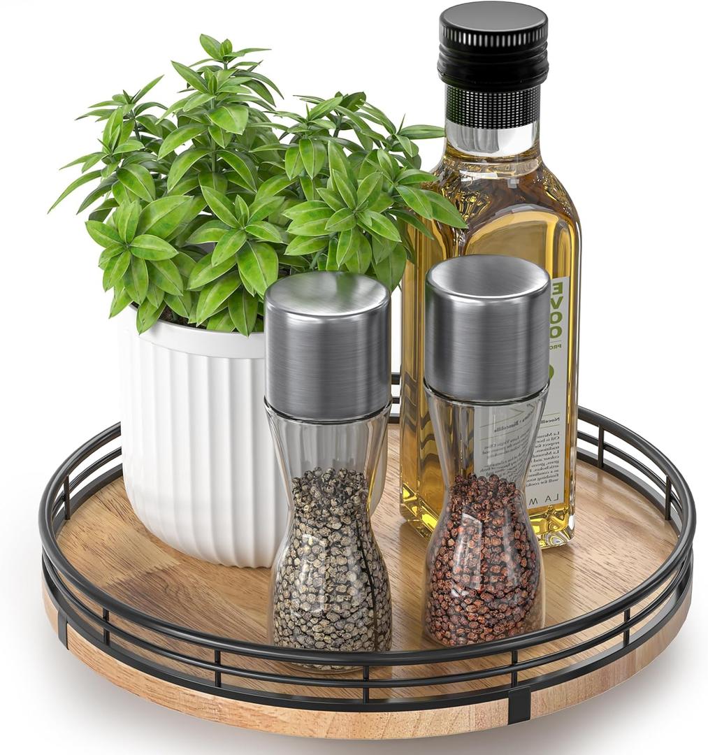 9" Oak Wood Lazy Susan Turntable Organizer for Cabinet, Round Wooden Farmhouse Lazy Susan Organization and Storage for Dining Table, Pantry, Kitchen, Countertop, Cupboard, Home Decor (Brown & Black)