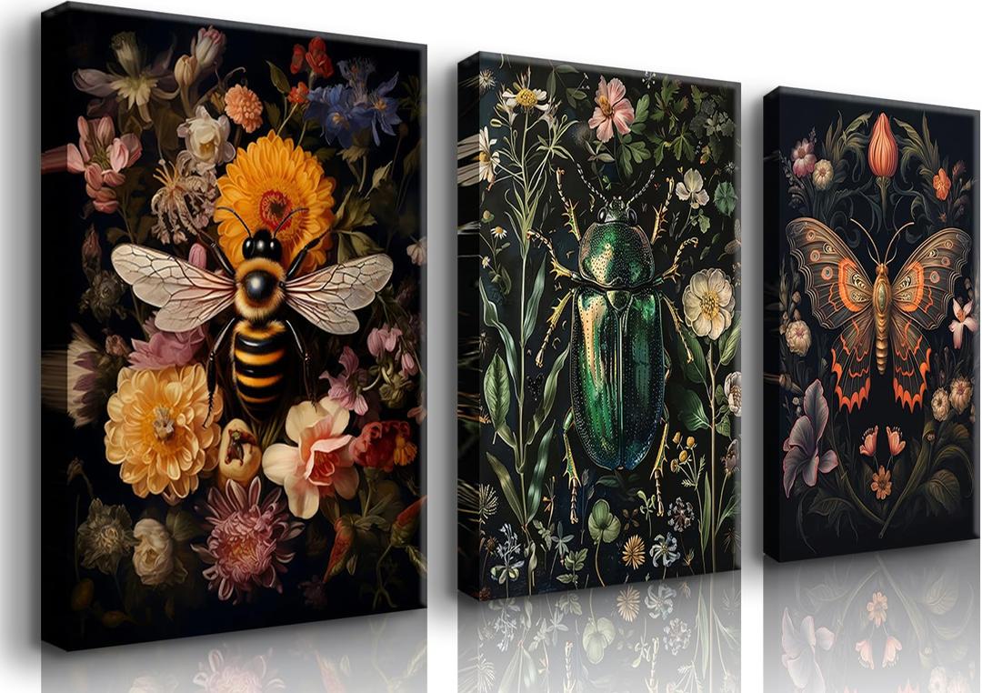 3 Pcs Dark Academia Butterfly and Bee Floral Wall Art Gothic Insect And Botanical Wall Decor Vintage Dark College Posters Canvas Prints Painting Picture for Bedroom Living Room 16x24in canvas