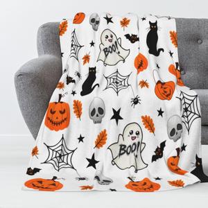 Luxury Halloween Throw Blanket - Cozy Pumpkin Ghost Bat Spider Web Print, Ultra Soft Flannel Plush Blanket for Couch, Sofa & Bed, Lightweight Warm Fall Decor, 40x30 Inches