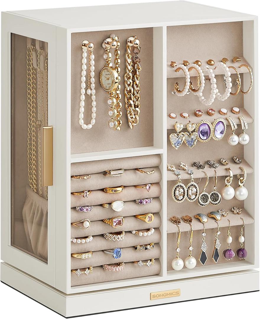 SONGMICS Jewelry Box 360 Rotating, Jewelry Storage Case with 5 Drawers, Jewelry Organizer, Glass Window, Spacious, Vertical Jewelry Storage, Open Design, Great Gift, Cloud White UJBC170W01