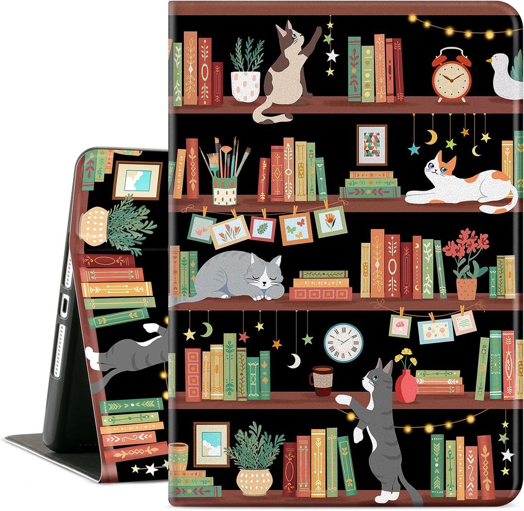 iPad 10.2 Case for iPad 9th Generation, iPad 8th Generation Case, iPad 7th Generation Case Kids Men Women Multi-Angle View Adjustable Stand Auto Wake/Sleep, Bookshelf Cat