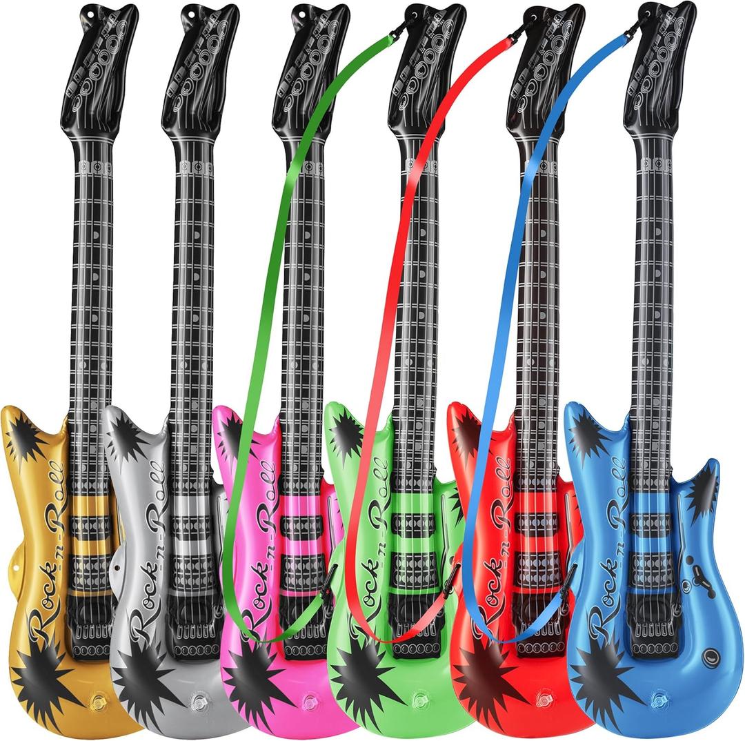 Bedwina Inflatable Guitars - (pack Of 6) 36-inch Colorful Blow Up Guitar With Strap, Party Favors, DJ-props, Photo-booth, Birthdays, Rock Star, Rock And Roll Party Decorations, 80s 90s Party Supplies