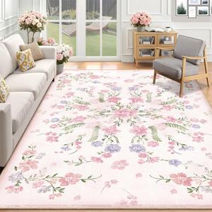 Castage Large Pink Floral Area Rugs 8x10 Washable Rug for Living Room Bedroom Dining Room,Boho Vintage Bohemian Distressed Farmhouse Non Slip Carpet,Blush Flowers Decor