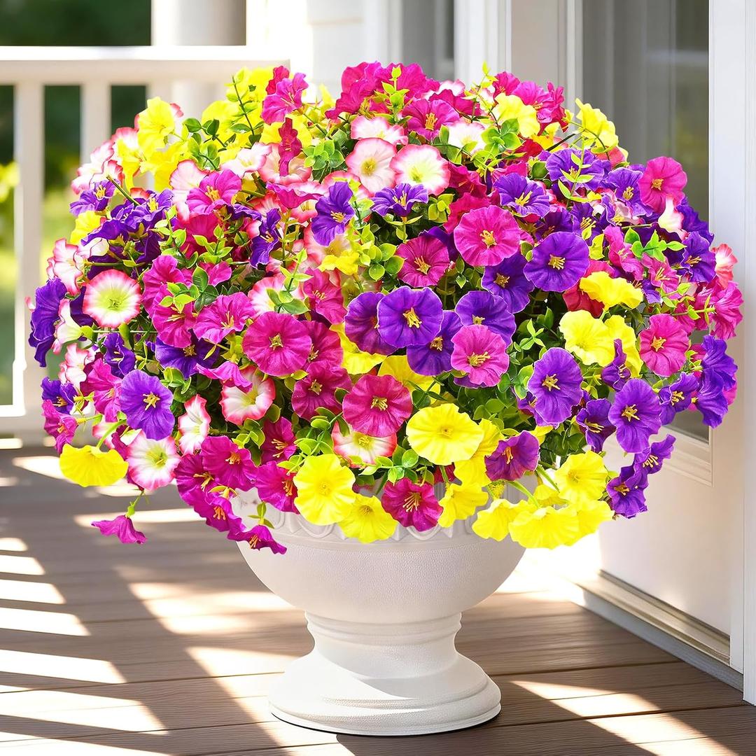 Artificial Flowers for Outdoors, 14 Bundles Fake Outdoor Flowers, UV Resistant Artificial Outdoor Plants & Flowers for Decoration, Colorful Morning Glory for Garden Porch Yard Patio, Mixed Color B
