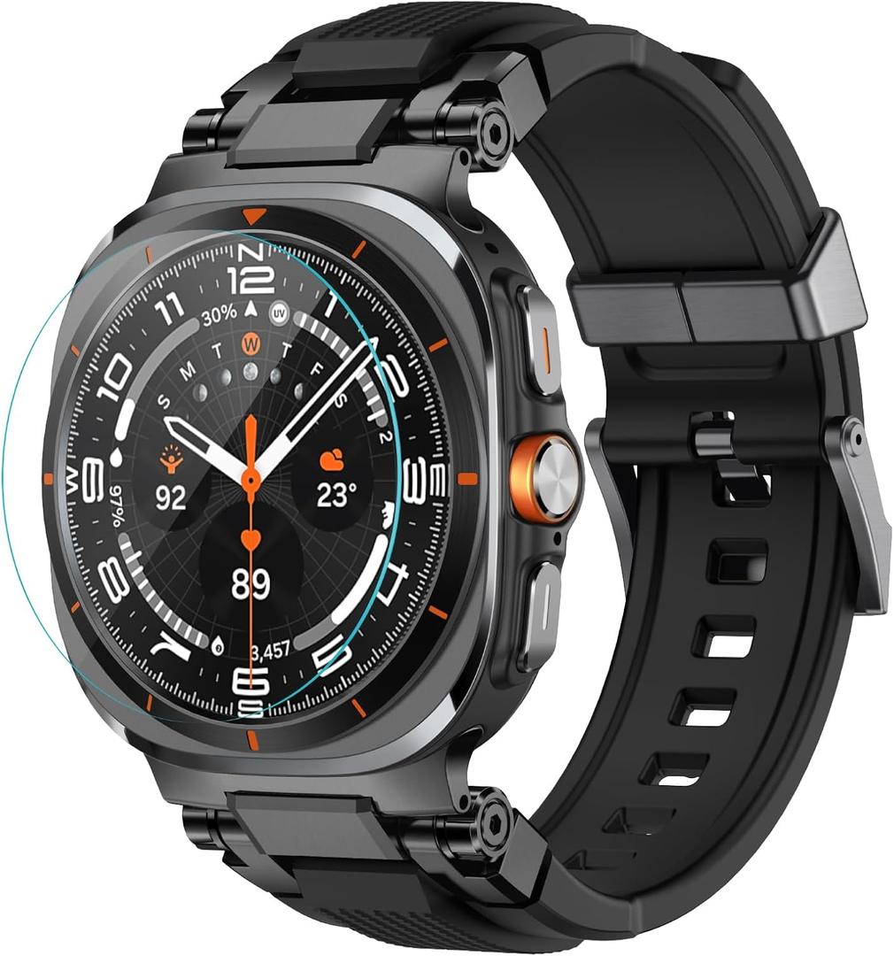amBand for Samsung Galaxy Watch Ultra (2024) Bands for Men, Metal Connector Rugged Strap for Galaxy Watch 7 Ultra 47mm, Sport Accessories with 9H Tempered Glass Screen Protector - Black/Black