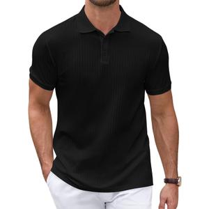 Polo Shirts for Men Short Sleeve Summer Casual Golf Shirts Collared Textured Slim Fit Button Men's Polo T Shirts (Black, M)