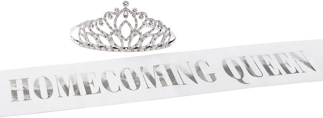 Anderson's Homecoming Queen Taylor Tiara and White and Silver Metallic Foil Sash Set, Homecoming Sashes for High School, Homecoming King