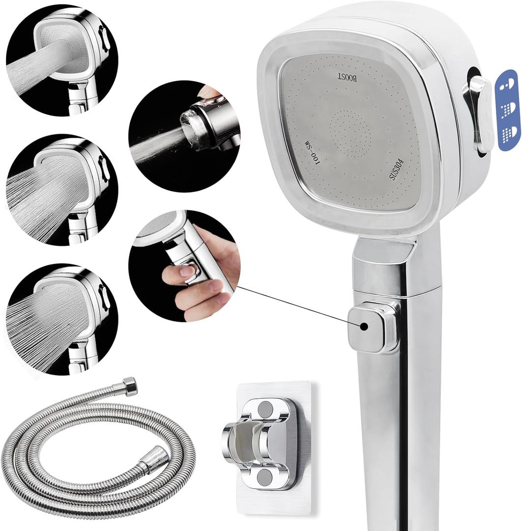 Rv Shower Head with 60" Hose and On Off Switch, 3 Spray Modes High Pressure Water Saving Shower Head with Adhensive Holder for RV, Camper, Travel trailer and Motorhome (Chrome)