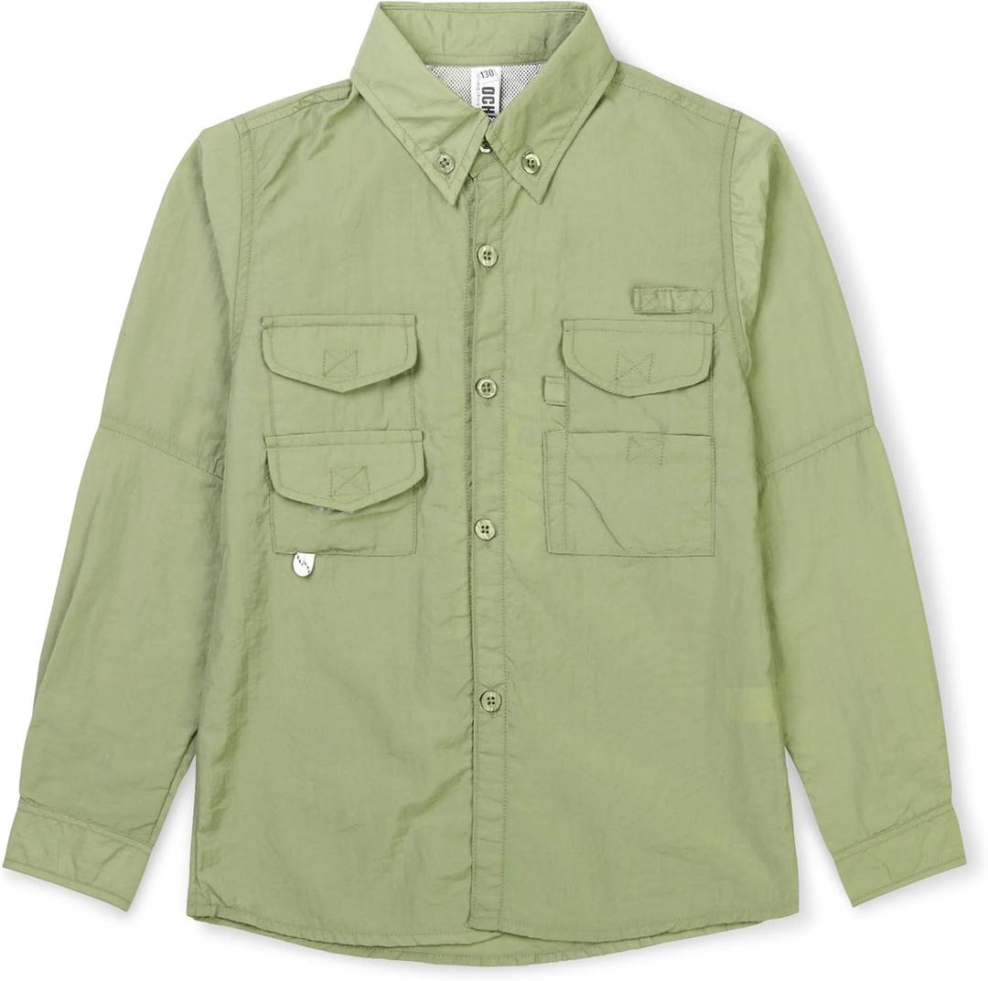 OCHENTA Boys' Button Down Long Sleeve Fishing Shirt Quick-Dry UV Sun Protection Outdoor Tops, Height 150