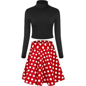 Shihanee Halloween Dress Women Costume Mock Neck Fitted Long Sleeve Shirt Mini Flared Casual Skater Skirt (X-Large, Dot)