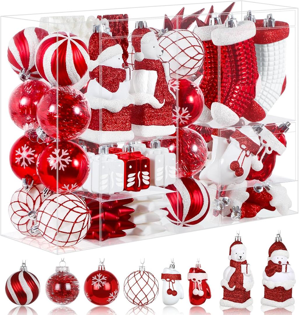Alupssuc 112pcs Christmas Balls Ornaments Set, Shatterproof Plastic Baubles Christmas Penguin, Polar Bear for Xmas Tree Holiday Wedding Party Decorations with Hanging Strings, Red and White