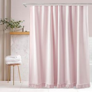 Pink Shower Curtain Linen Shower Curtain with Tassels Boho Shower Curtains for Bathroom Rustic Farmhouse Shower Curtains Bath Decor (72"x72")