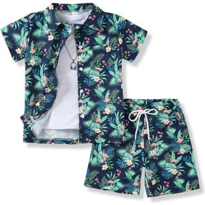 Boys Summer Outfits 2Piece Casual Hawaiian Shirt and Short Set Holiday Beach Shirts for Kids Size 7-14 Years