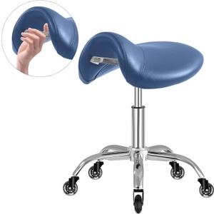 Saddle Stool with Wheels 300 lbs Weight Capacity, Heavy Duty Rolling Stool for Medical Massage Salon Kitchen Spa Drafting Nail-Tech,Height Adjustable,360 Swivel,Wide Thick Seat Padding (Premium Blue)
