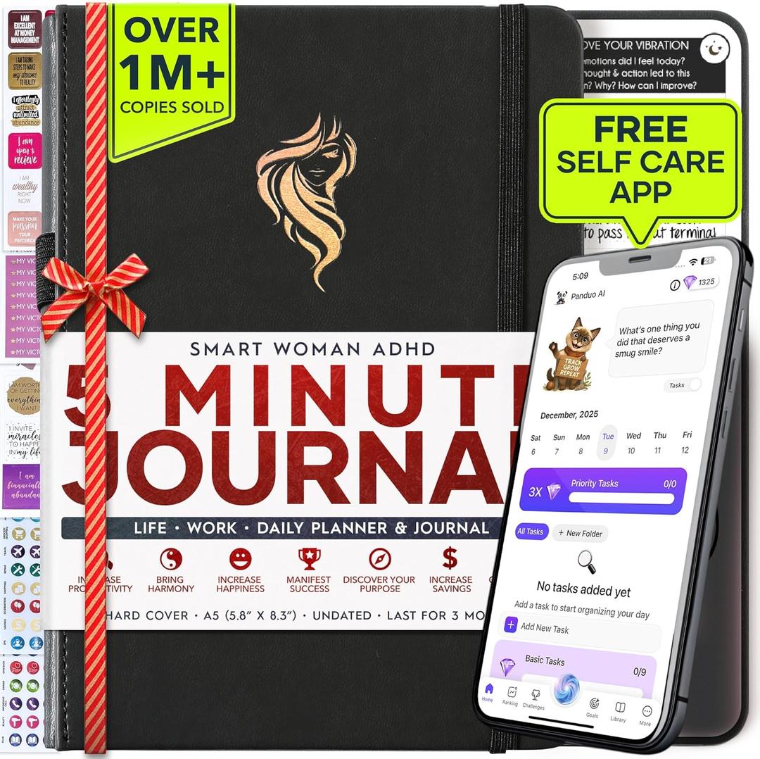 ADHD Planner for Adults - 5 Minute Gratitude & Manifestation Journal | 90-Day Undated Daily Planner for Positivity, Affirmations & Self Care | Guided Mindfulness, Reflection | Vision Board + Stickers (Black)