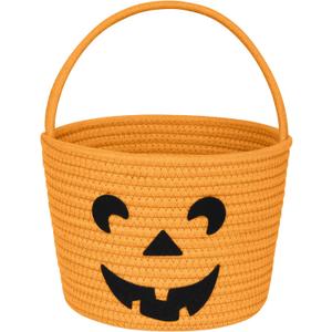 Halloween Pumpkin Basket for Kids, Trick or Treat Candy Bucket, Small Woven Boo Spooky Ghost Basket, Cute Cotton Rope Baby Fall Gift Bin, Halloween Decorations, Orange