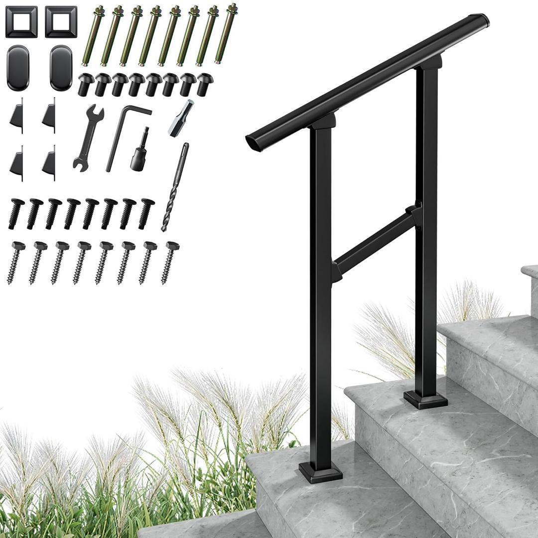 Upgrade 2 Steps Outdoor Handrail for Outdoor Steps, Black Transitional Handrail Hand Rail Stair Railing Kit with Screw Kit (1-2 Steps)