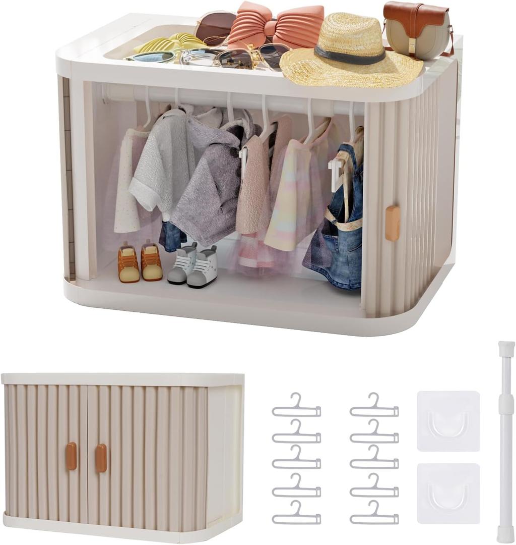 Doll Wardrobe Storage Box, Foldable Doll Closet with 10 Hangers and Rod for 15/17cm Doll Clothes Stackable Organizer Cabinet with Dust-Resistant Cover and Display Shelf (Pearl Grey)