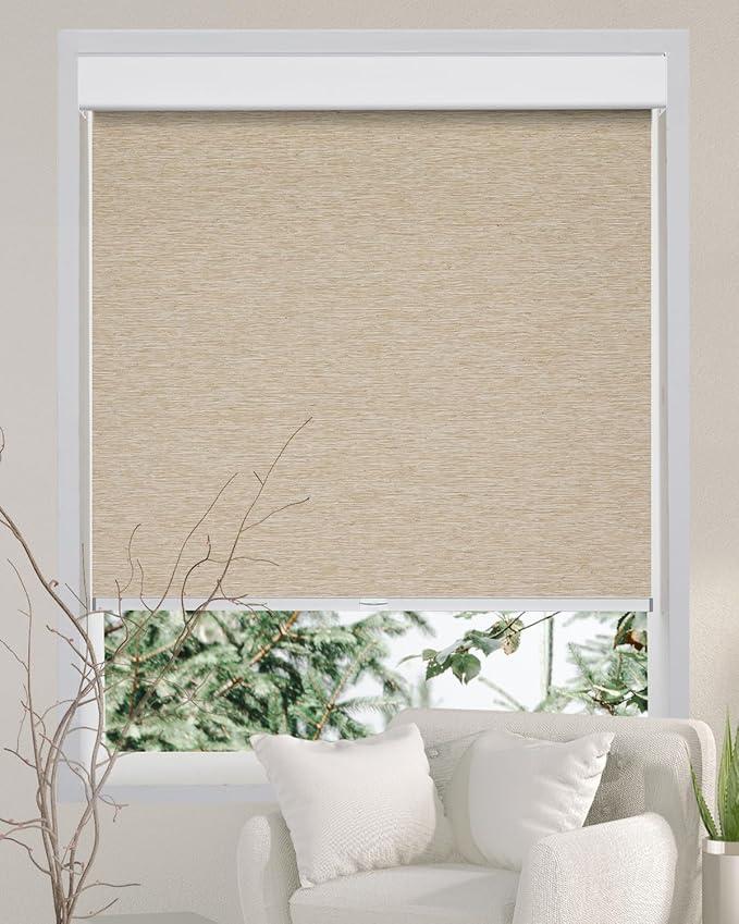 Persilux Free-Stop Cordless 100% Blackout Roller Shades for Indoor Windows, Natural Woven Fabric UV Protection Privacy Thermal Insulated Roller Window Shades for Home, Bedroom, Khaki 31" W x 72" H (Khaki (100% Blackout))