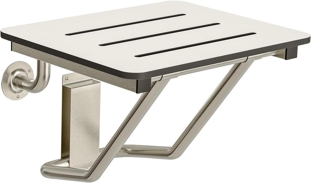 18" x 16" ADA Compliant Phenolic White Folding Shower Seat Bench, Wall Mount Foldable Bathroom Shower Chair with Stainless Steel Support, 400 lbs Capacity