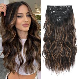 Clip in Hair Extensions, 6 PCS Natural & Soft Hair & Blends Well Lonng Wavy Hairpieces(20inch, 6pcs, Black&Dark mix light brown) (20 Inch ( 6 PCS ))