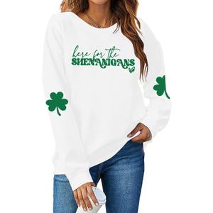 UNIQUEONE St Patricks Day Sweatshirt - Here for The Shenanigans Sweatshirts Women Casual Irish Long Sleeve Pullover Tops (White, XL)