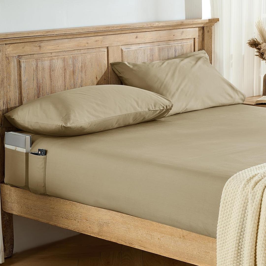 Entisn Pure Cotton Fitted Sheets with Pockets on Side, 400 Thread Count Queen Cotton Fitted Sheet Only, Deep Pocket Fits Mattress Up to 16 Inch, Breathable & Soft Bedding Sold Separately (Beige)