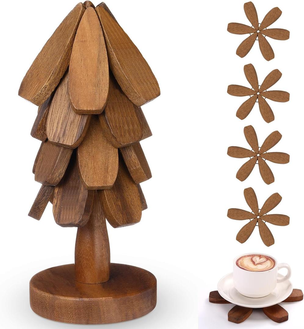 Wooden Christmas Tree Coaster Trivets Wood Trivets Set for Hot Dishes Set of 4 Christmas Tree Shape Foldable Wooden Coaster and 1 Stand Natural Trivet for Cups Plates Bowls Pots(Black Walnut Color)