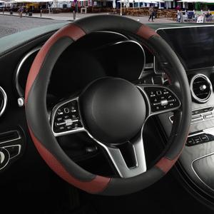Microfiber Leather Steering Wheel Cover, Breathable, Anti Slip, 13.5 inch to 14 inch, Black with Burgundy