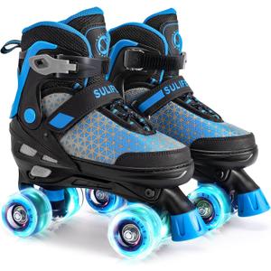 SULIFEEL Roller Skates for Girls Boys Kids,4 Sizes Adjustable Quad Skates with Light up Wheels,Safe Fun Children Skates, Best Gift for Beginners Indoor Outdoor Sports (Large - Youth, Blue)