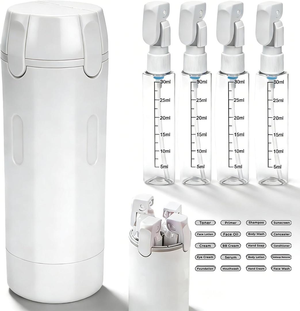4 in 1 Travel Dispenser Bottle for Toiletries, 30ml Portable Travel Shampoo and Conditioner Bottle Set, Leakproof Refillable Travel Pump Bottles, 30ml Liquid Soap & Lotion Cosmetic Containers (White)