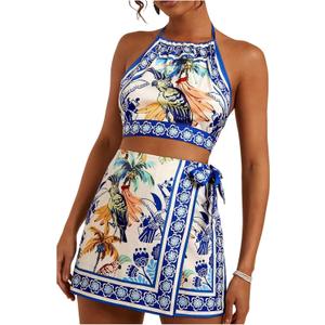 SweatyRocks Women's Tie Backless Tropical Print Halter Top and Shorts 2 Piece Vacation Outfits Blue Medium