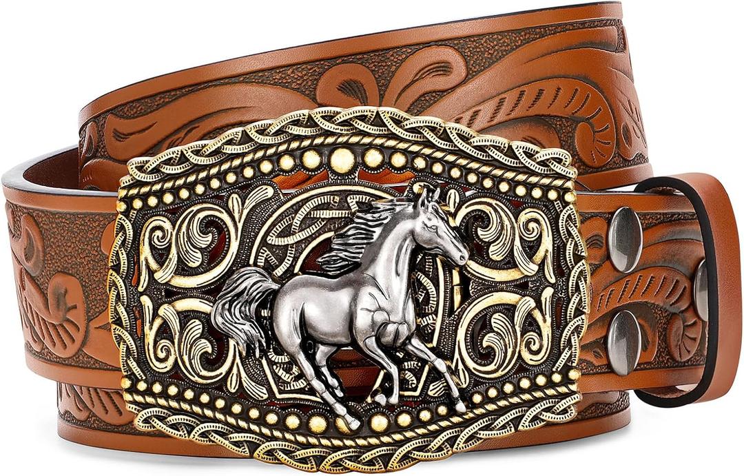 Western Cowboy Belts Western Belts for Women Men Cowgirl Cowboy Belt Buckles Leather Cowboy Belt for Men Rodeo Outfit (for Wasit 41"-44", Gold Horse/Brown Belt)