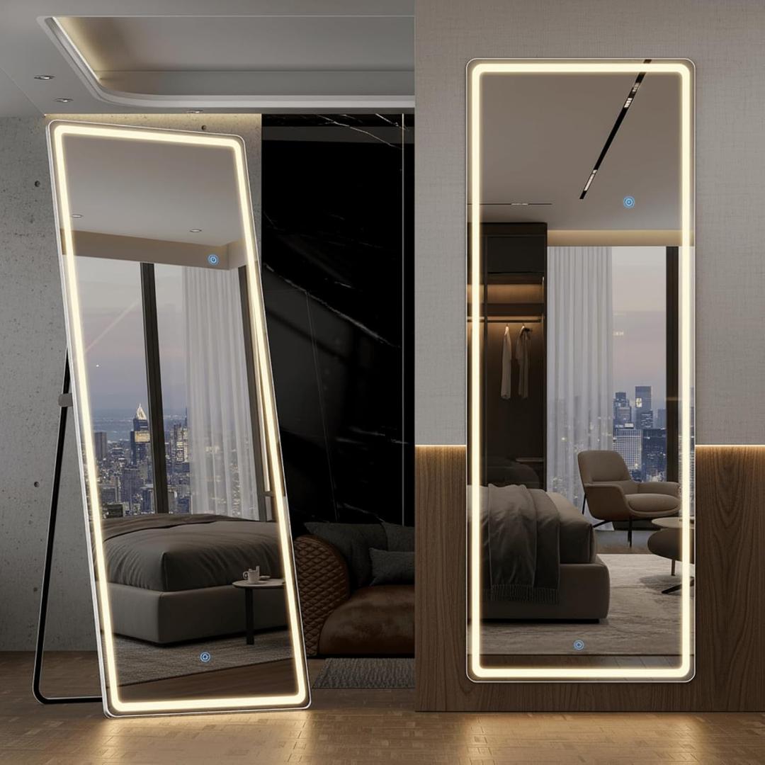 Alpen LED Full Length Mirror with Lights, 71" x 26" LED Floor Mirror with Stand, Full Body Dressing Mirrors with Dimming & 3 Color Lighting, Hanging Mounted Mirrors for Living Room Bedroom Cloakroom (Rectangular-white)
