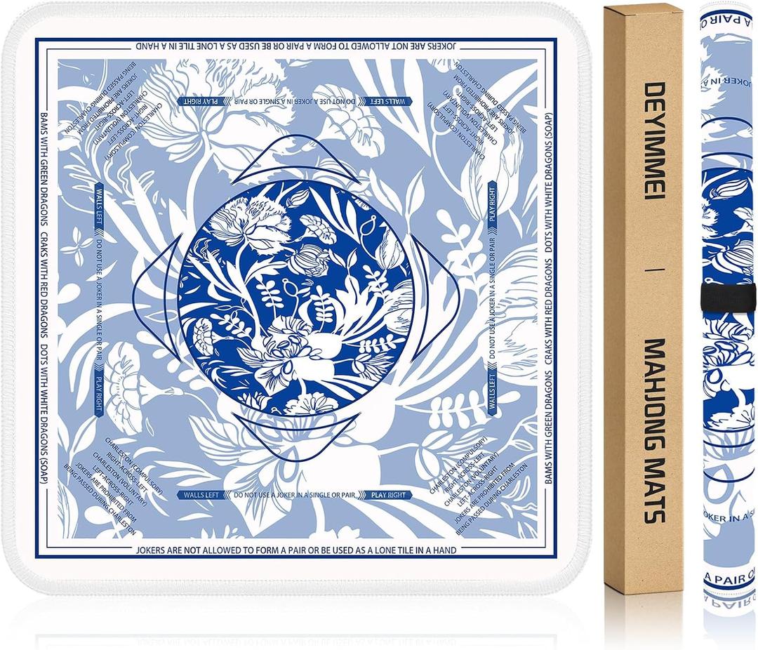 Deyimmei Neoprene Mahjong Mat for Table 31.5"x31.5" - Non-Slip, Noise Reduction Cover with Storage Pockets, American Rules & Crease-Free Rolled Shipping (Ceramic Blooms), 31.5" x 31.5" x 0.08"