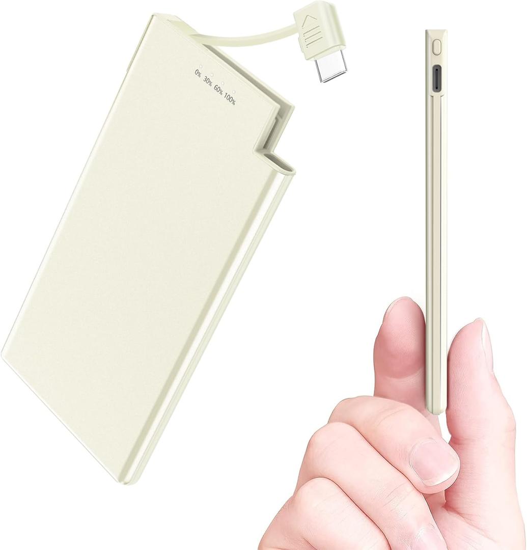 Auskang Thin Portable Charger with Built in USB-C Cable-5000mAh Slim Power Bank Compatible with Samsung, Google Pixel/Android Phones/ iPhone17 16 15 Series etc-Thin Battery Pack for Outdoor Travel