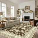 Brown Floral Print Area Rugs for Bedroom Boho Non Slip Washable Carpet 7x9 | Country Oriental Peony Design, Low Pile Soft Rug, with Non Slip Foldable, Floor Covering for Nursery, Playroom Living Room