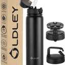 Oldley Insulated Water Bottle 32oz Water Bottles with Straw, Stainless Steel Water Bottle with 3 Lids, Double Wall Vacuum Bottles for Adult,Sports Bottles for School Travel, Black