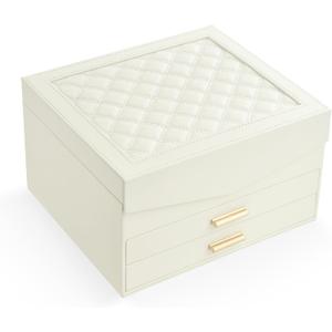 Amearea Jewelry Box Organizer for Women Girls with Mirror, 3-Layer Large Jewelry Storage Case, Synthetic Leather Jewelry Holder Organizer with Removable Tray for Necklaces Earrings Rings, White