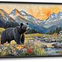 Extra Large Framed Abstract Black Bear Mountain Wall Art,Colorful Wildflower Forest Landscape Wall Decor Pictures for Living Room,Canvas Print Painting Modern Artwork Bedroom Office Bathroom 60L x30W