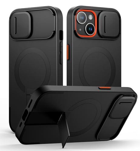 for iPhone 13/14 Case with Magnetic Camera Slide Cover and Adjustable Kickstand, Compatible with MagSafe, Shockproof Bumper Case Slim Protective Cover for iPhone 13/14 6.1 Inch, Black