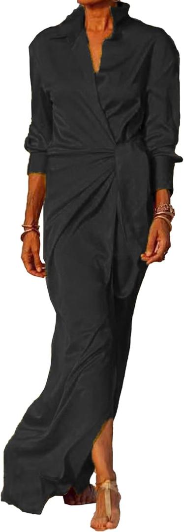 ECDAHICC Women's Satin Silky Long Sleeve Laple V Neck Lace Up High Waist Side Split Floor Length Wrap Maxi Shirts Dress (Large, Black)