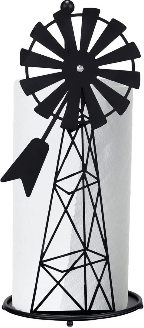 Vesici Windmill Paper Towel Holder Western Farmhouse Standing Paper Towel Roll Holder Black Countertop Metal Farm Decor Rustic Country Kitchen Rack for Kitchen Bathroom Home, 14.4 Inch