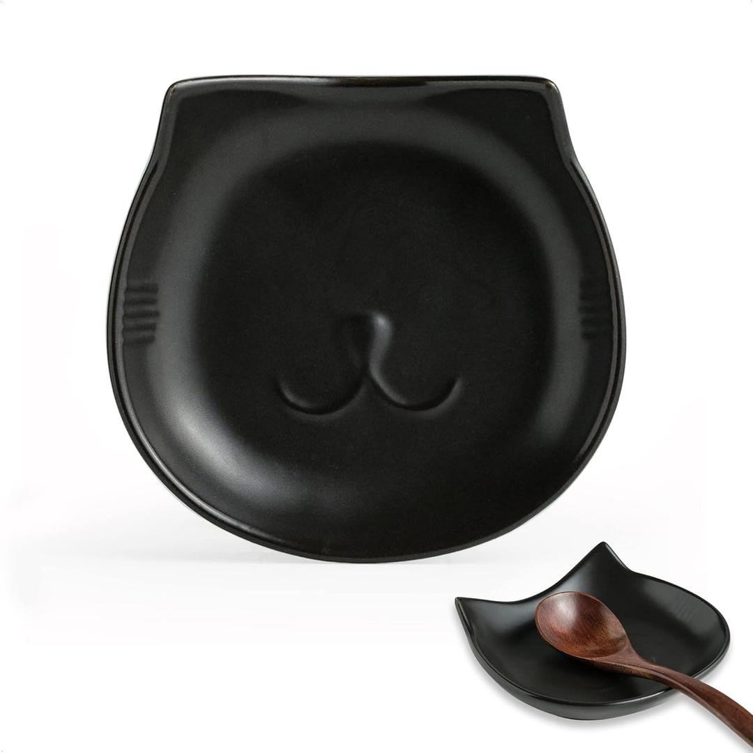 Spoon Rest for Stove Top, 5.12 Inches Ceramic Spoon Holder for Kitchen Counter, Cat Cooking Utensil Rest for Spatula Spoons Ladles, Farmhouse Kitchen Decor, Black