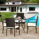 Set of 4 Patio Rattan Dining Chair Stackable Cushioned Armrest Garden, Brown Chairs & Beige Cushions
