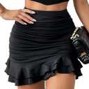 SHENHE Women's High Waisted Ruched Mini Skirts Dressy Ruffle Hem Party Club Bodycon Skirt (Large, Black)