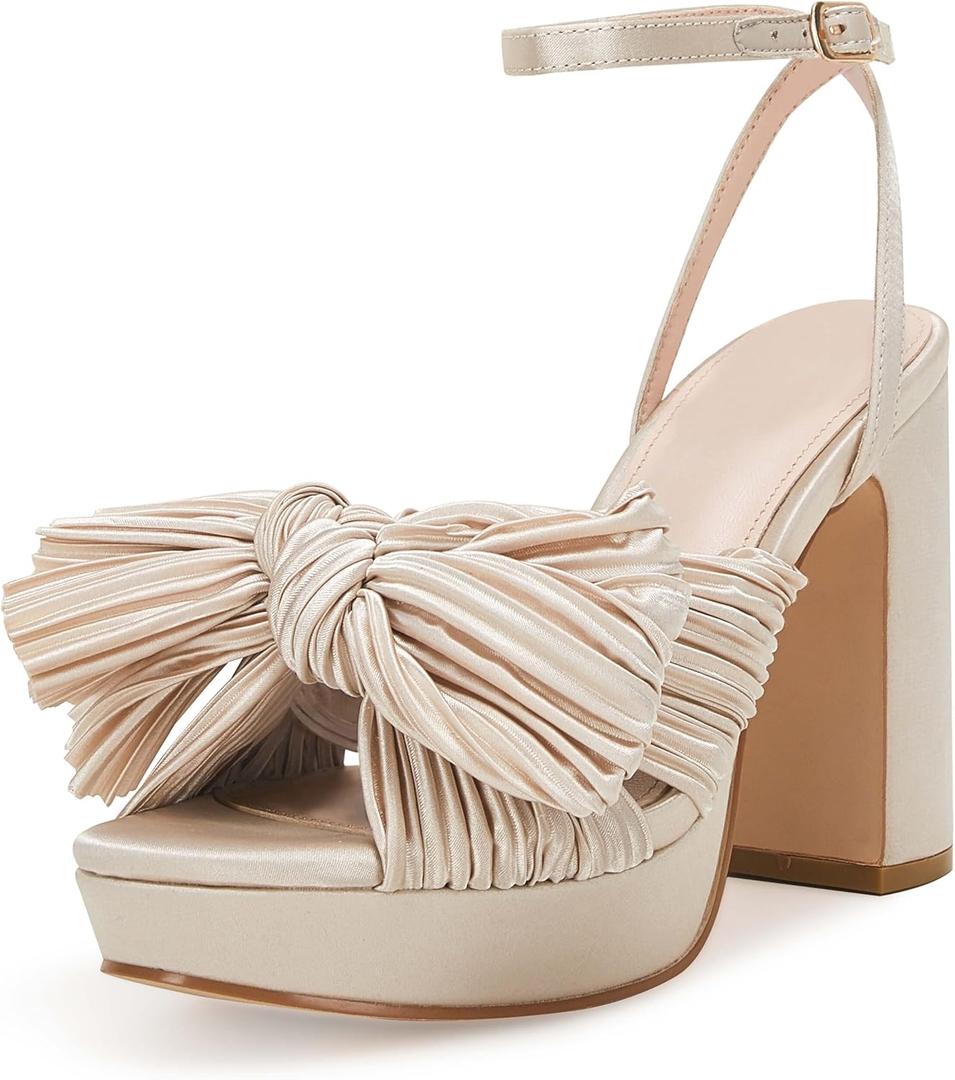 VETASTE Women's Pleated Bow Knot Platform Heeled Sandals Open Toe Chunky Block Heel Ankle Buckle Strap Bridal Wedding Dress Shoes (8, Beige)