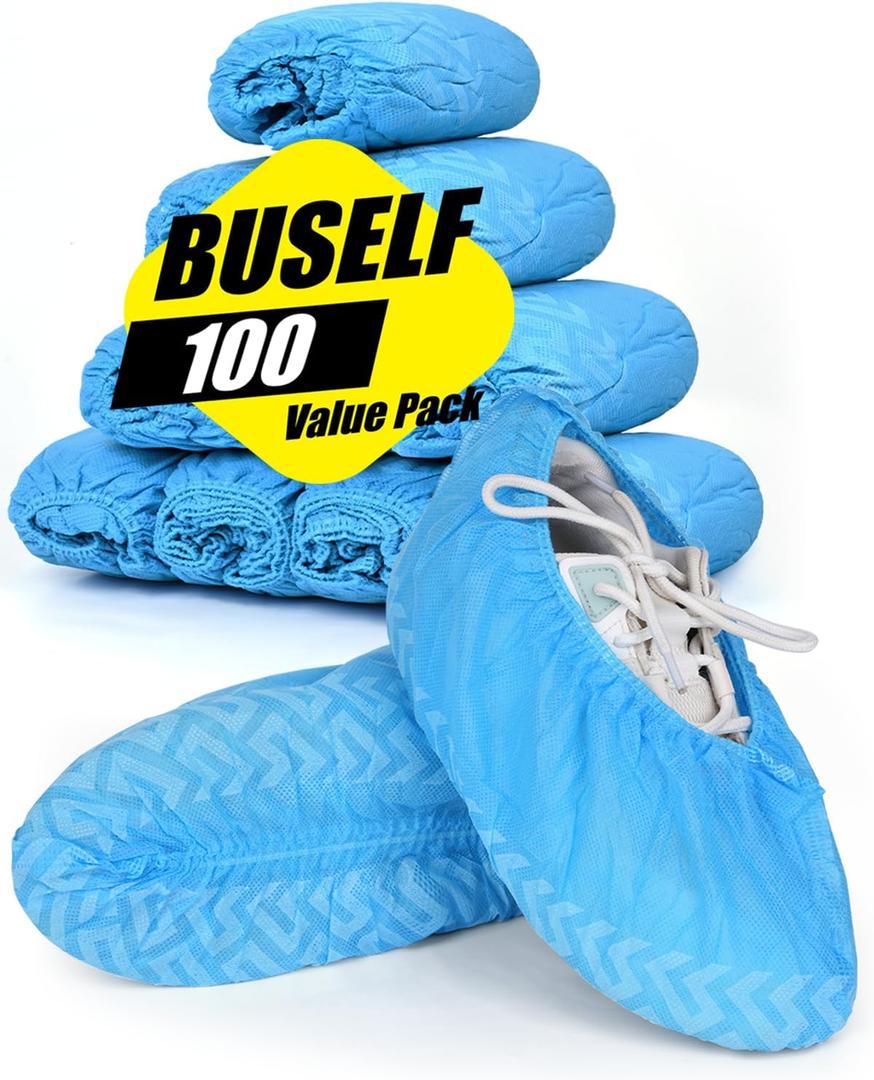 X-Large 100 Count Shoe Covers Disposable Non-Slip, Premium Cloth Boot Covers, Slip-resistant, Durable, Breathable, Non-toxic, Recyclable, Stretchable Fits Up to Size 13 US Men - Blue