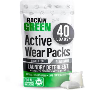 Rockin' Green Laundry Detergent Pods, Plant-based, All Natural, Vegan & Biodegradable Odor Fighter, Safe for Sensitive Skin (Unscented, Active Wear 40 Pods)